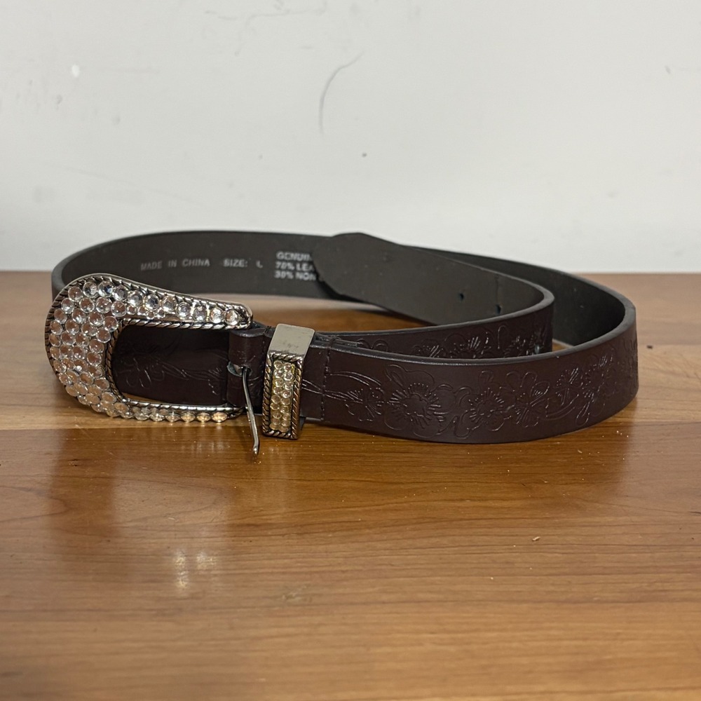 Western Brown Bonded Leather Floral Embossed Rhinestone Buckle Belt Large